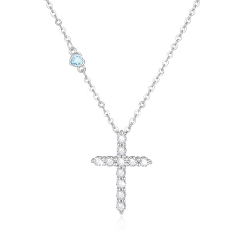 Juvux Easter Gifts for Women Birthstone Cross Necklaces 925 Sterling Silver Heart Gemstone Cross Pendant Necklace Simple Jesus Cross Necklace Simulated Diamond Jewelry Religious Gifts (Aquamarine) - Image 1