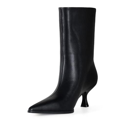 LACIKOSZ Womens Kitten Heel Boots, Pointed Toe Stiletto Faux Leather Mid Calf Ankle Booties for Women, Elegant Dress Boots for Fall & Winter Outfits - Image 1