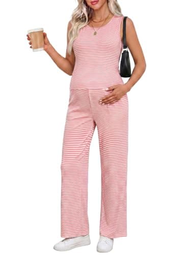 BLENCOT Women's Striped Maternity Lounge Set Sleeveless Crop Tops and Long Pants Two Piece Outfit Pajamas Sleepwear Pink L - Image 1