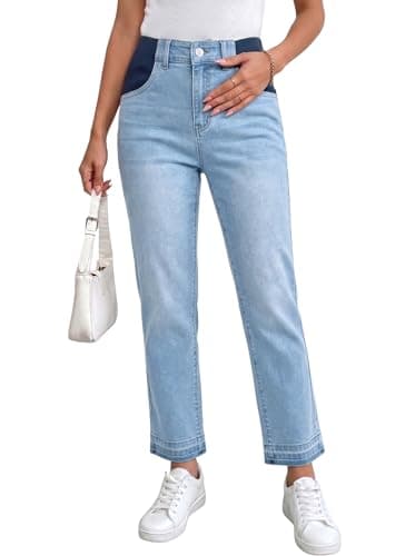 BLENCOT Women Maternity Pants Denim High Waisted Trendy Straight Leg Comfy Work Waistband Skinny Elastic Stretch Ankle Plus Size Jeans Outfits Pregnant Clothes Medium Beau Blue - Image 1