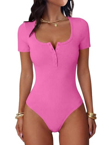 ANRABESS Women’s Bodysuits,Short Sleeve Scoop Neck Top, Fitted Ribbed Knit Soft Going Out Henley Shirts,Travel Work Body Suit Hot Pink Large - Image 1