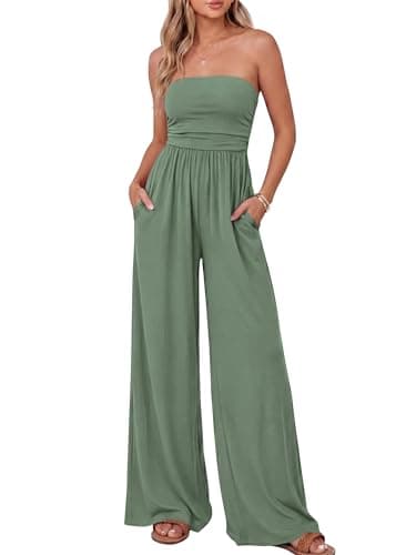 BTFBM Jumpsuits For Women Summer 2026 Beach Vacation Strapless Tube Top Jumpsuit Ruched Casual Wide Leg Pant Rompers(Sage Green, XX-Large) - Image 1