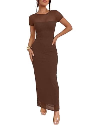 Caracilia Women's Wedding Guest Dress,Double Lined Soft Floral Mesh Maxi Dress,Short Sleeve Bodycon for Formal Cocktail Party Brown Small - Image 1