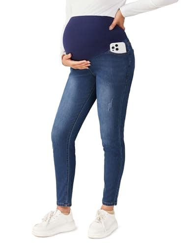 BRATUC Maternity Jeans for Women Stretchy Skinny Maternity Pants Comfy Slim Pregnancy Denim Pants with Pockets (Small Blue) - Image 1