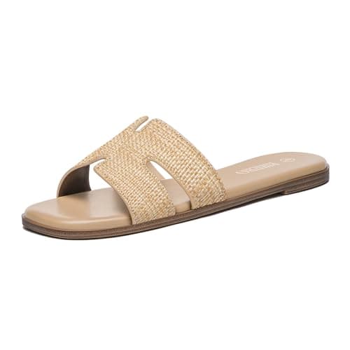 Rihero Women's Dressy Flat Sandals Comfortable Slip On Leather Slide Raffia Sandals Size 9.5 - Image 1