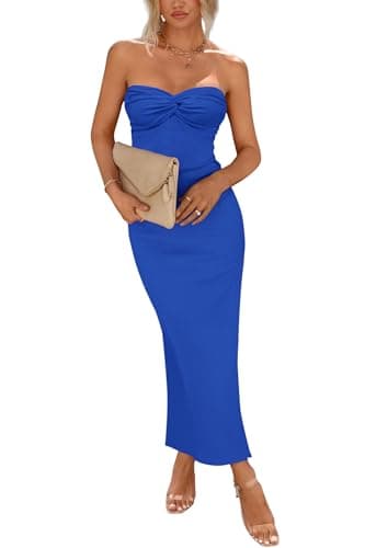PRETTYGARDEN Women's Bodycon Long Dresses Summer Strapless Tube Twist Knot Front Ribbed Knit Maxi Cocktail Dress with Slit (Blue,Medium) - Image 1