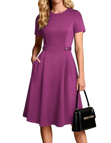 GRACE KARIN Summer Church Dresses for Women 2026 Short Sleeve A Line Work Dresses Fit and Flare Midi Dress with Pockets Rose Purple S - Image 1
