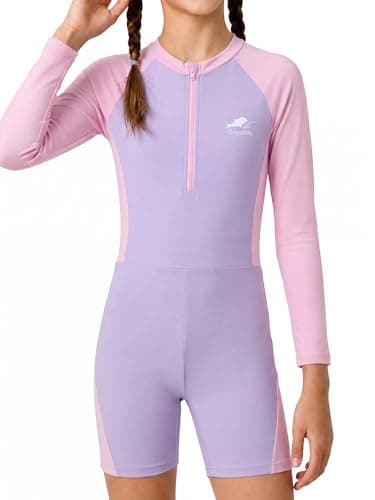 Gogokids Girls Rash Guard One Pieces Swimsuit UPF 50+ Sun Protection Long Sleeve Swimwear Color Block Water Sport Bathing Suits,Purple,5-6Years - Image 1