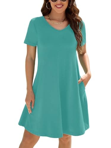 KORSIS Summer Dresses for Women Casual T-Shirt Floral Dress V Neck Swing Flowy Short Sleeve Beach Vacation Sundress with Pockets 2XL Nile Blue - Image 1