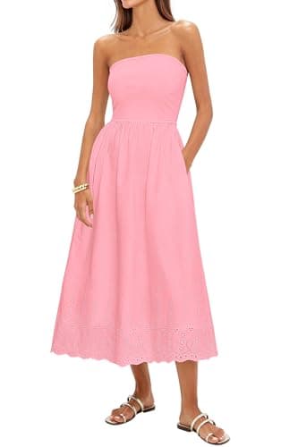 PRETTYGARDEN Womens Summer Dresses 2026 Sexy Sleeveless Tube Top Long Dress Eyelet Cotton Maxi Beach Sundress Pockets(Pink,Large) - Image 1