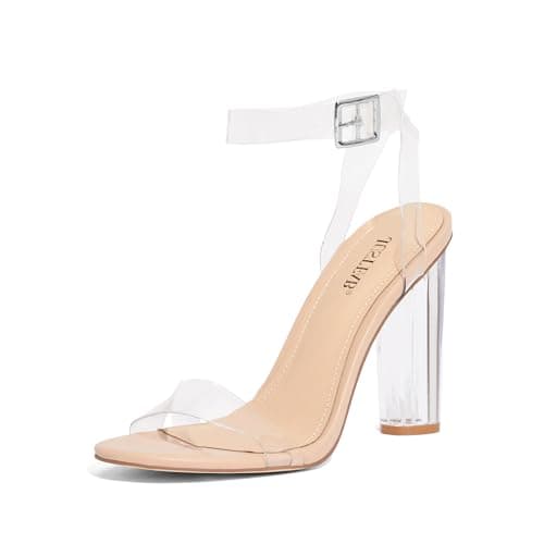 JustFab Women's Clear Chunky High Heels Sandals with Open Toe Ankle Strap Block Heels for Women Clear Shoes Dressy Perfect for Party and Dress Pumps - Image 1