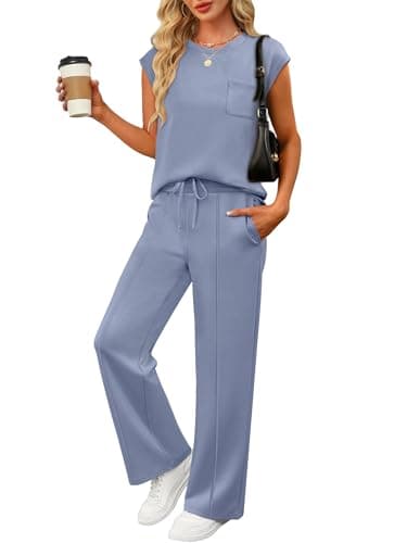 ANRABESS Two Piece Sets for Women 2026 Summer Travel Vacation Outfits Sleeveless Lounge Set Matching Wide Leg Pants Sweatsuit Large - Image 1