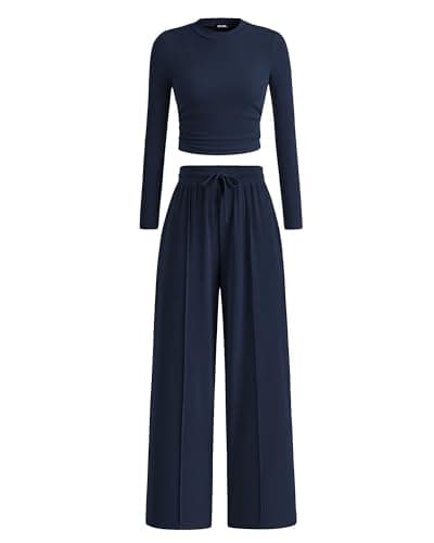 BTFBM Casual 2 Piece Sets For Women Fall Outfits 2026 Ribbed Spring Long Sleeve Crop Top Wide Leg Pants Matching Lounge Set(Navy, X-Large) - Image 1