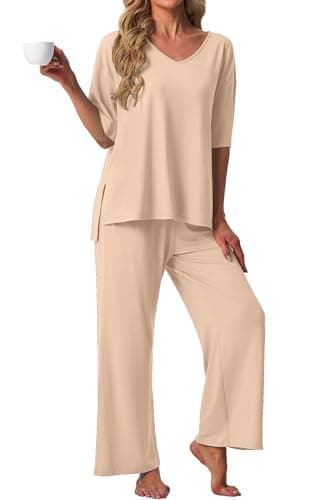 PrinStory Womens Pajama Sets Short Sleeve Pajamas Set 2 Piece Pjs Sets for Women Comfy Loungewear with Pockets Wheaten-M - Image 1