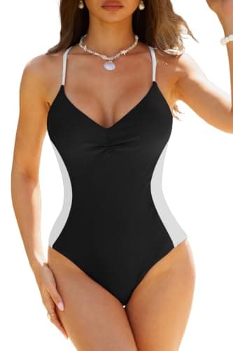 ZAFUL Black and White One Piece Swimsuit Women Tummy Control, Sexy Slimming V Neck Bathing Suit Color Block Swimwear Waist Cinching Swimsuit Corset Swimsuits S - Image 1