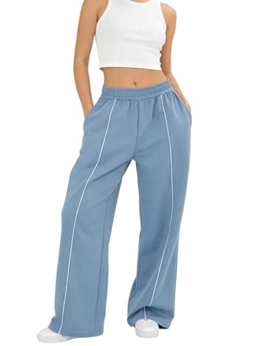 Bgylu Women’s Baggy Wide Leg Sweatpants Y2K Contrast Seam Elastic Waist Lounge Pants with Pockets Bluegrey - Image 1