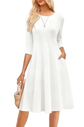 GRACE KARIN White Dress Women Summer Casual 3/4 Sleeve Loose Swing A Line Pleated Midi Dress with Pockets - Image 1