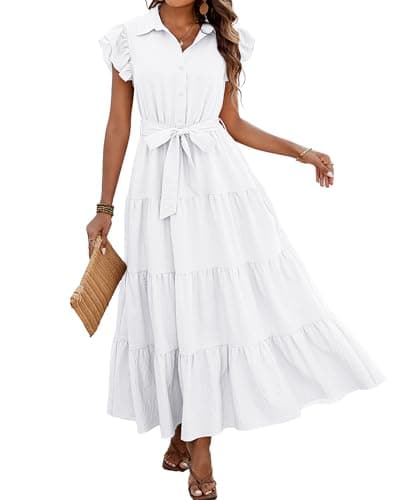 dowerme Women Summer Dress Trendy Ruffle Sleeve Button V Neck Belted Pleated Tiered Loose Boho Flowy Shirt Dresses 2025(White,Small) - Image 1