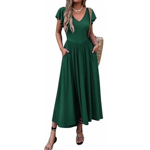 materasu Women V Neck Flutter Sleeve Midi Dress with Pocket High Waist A Line Casual Dress - Image 1