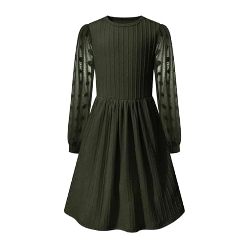 Little Bitty Girls Textured A-Line Swiss Dot Dress,Tulle Long Sleeve Ribbed Crew Neck Midi Dress with Pockets Dark Green 8-9Y - Image 1
