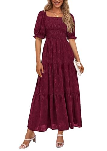 PRETTYGARDEN Women's 2025 Summer Casual Midi Dresses Square Neck Short Sleeve Smocked A Line Floral Flowy Elegant Boho Dress (Wine Red,Large) - Image 1