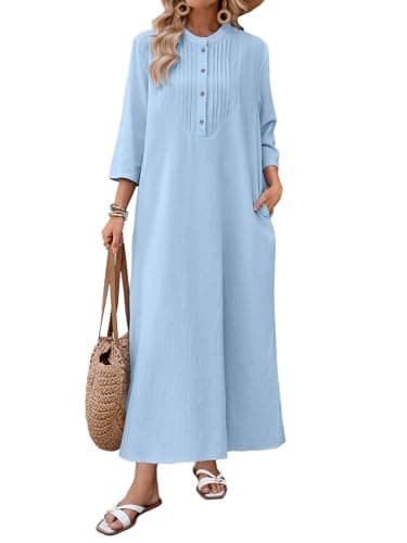 Celmia Cotton Dress for Women Casual Long Sleeve Linen Maxi Dresses Light Blue X-Large - Image 1