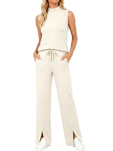 Casly Lamiit Women Two Piece Set Summer Spring 2026 Casual Outfits Mock Neck Tank Top Jogging Pants Travel Workout Tracksuits Beige XL - Image 1