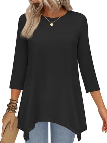 JUSTFASHIONNOW Black 3/4 Length Sleeve Tunic Tops for Women Loose Fit Dressy Casual Blouses Shirts with Asymmetrical Hem(Black,Large - Image 1