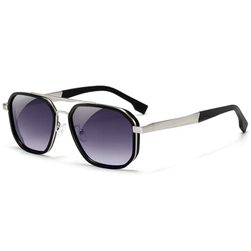 SUNGAIT Polygon Aviator Sunglasses Men Old School Style Adjustable Anti-slip Temples Polarized Lens for Driving Fishing(Matte Blue & Silver Frame/Gray Gradient Lens) - Image 1