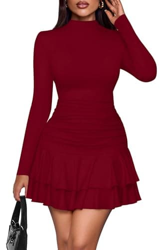 PRETTYGARDEN Women's Fall Long Sleeve Dresses 2026 Mock Neck Ruched Y2K Clothes Ruffle Layered Bodycon Mini Party Dress(Burgundy,X-Large) - Image 1