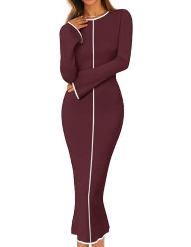 MEROKEETY Women's Fall Long Bell Sleeve Sweater Dress 2025 Elegant Bodycon Color Block Knit Midi Maxi Dresses, WineRed, Large - Image 1