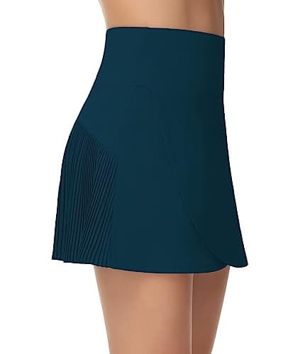 THE GYM PEOPLE Women's High Waisted Tennis Skirts Crossover Hemline Back Pleated Golf Skorts with Inner Shorts Dark Blue Green - Image 1