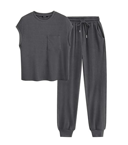 BTFBM Women's Two Piece Tracksuit Outfits Summer Short Sleeve Tops Long Pants Jogger Lounge Matching Sets Sweatsuit(Solid Dark Grey,X-Large) - Image 1