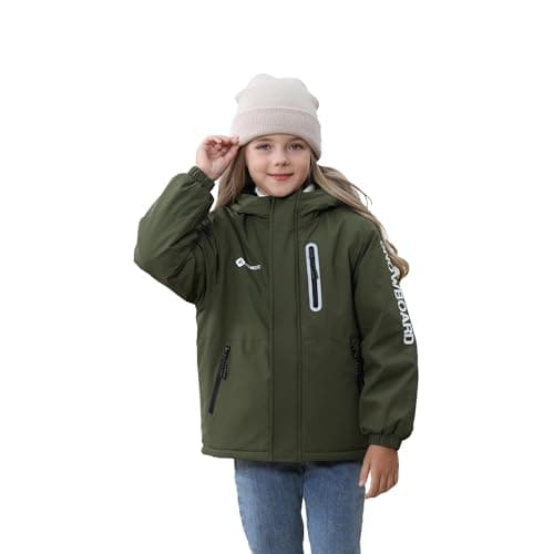 Girls' Waterproof Winter Ski Jacket – Warm Fleece Lined Windproof Snow Coat with Hood for Outdoor Adventure Army Green 7-8 - Image 1