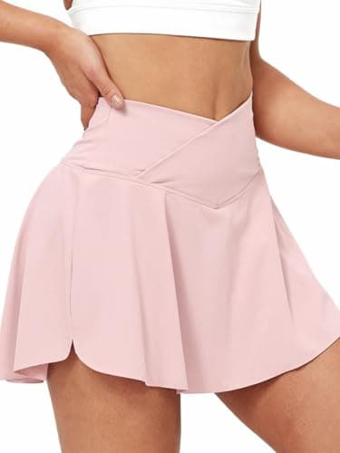 gaimoliso Crossover 2-in-1 Flowy Workouts Shorts Women Running Shorts with Pockets Spandex Shorts for Athletic Tennis Skorts Pink - Image 1