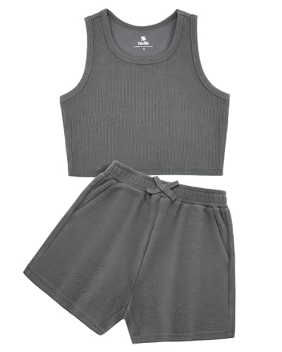 Stelle Girls Athletic Sets, Scoop Neck Ribbed Tank Tops Elastic Waist Shorts With Pockets 2 Piece Outfits, Summer Clothes For Teen Girls 6-7, Charcoal, Small - Image 1