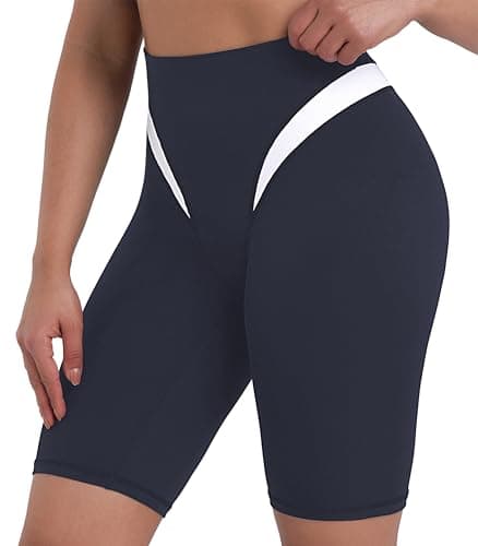 Sunzel Women's Color Block Biker Shorts - 9" High Waist Tummy Control Yoga Workout Stretchy Shorts for Gym Running Athletic Ash Blue White Small - Image 1