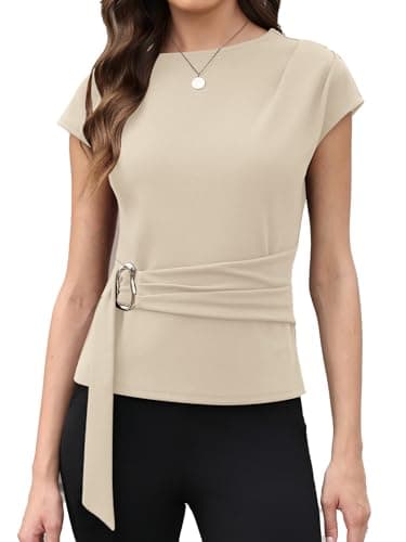 Agenlulu Women's Blouses Boat Neck Cap Sleeve Shirts for Business Casual Work Office Summer Relaxed Fit Buckle Tunic Top Beige