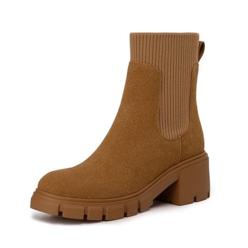 Athlefit Women's Brown Chelsea Boots Fall Platform Ankle Suede Boots Slip on Chunky Lug Sole Boots Size 7.5 - Image 1