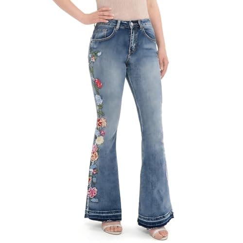 Btuigkv Women's Flare Jeans with Floral Embroidery, High Waisted Bell Bottom Denim, Blue, Frayed Hem (US, Alpha, Small, Regular, Regular, Blue) - Image 1