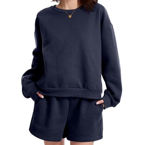 Anyshe Women's 2 Piece Fleece Lined Short Set - High Waisted Crew Neck Sweatshirt & Shorts, Soft Cozy Loungewear for Air Conditioned Rooms & All Season Wear, Navy, Large - Image 1