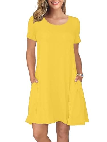 KORSIS Summer Dress for Women Yellow L Casual T-Shirt Short Sleeve Dresses Swing Flowy Beach Vacation Sundress with Pockets - Image 1