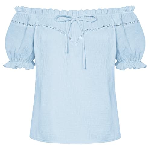 Peasant Blouse for Women Off Shoulder Puff Sleeve Cotton Loose Summer Tops Light Blue S - Image 1