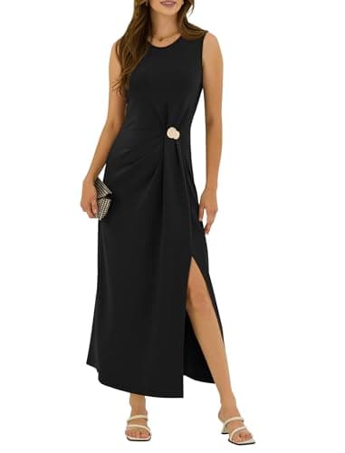 ZAFUL Women's 2026 Summer Ruched Casual A Line Maxi Dress Spring Sleeveless Split Elegant Cocktail Party Long Dresses (Black, Small) - Image 1
