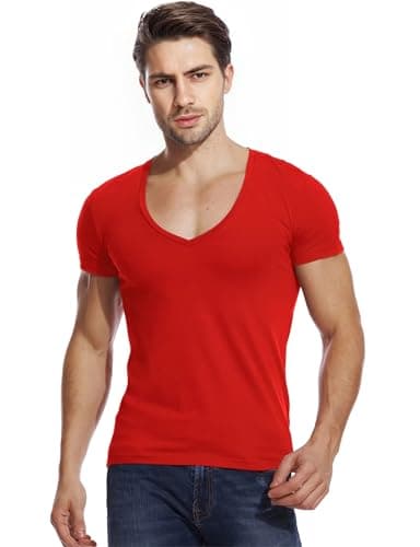 Mens Deep V Neck T Shirts Vneck Tshirt Low Cut Undershirts Slim Fit Short Sleeve Tees Casual Red XXL - Image 1