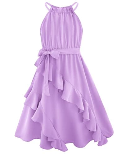 Tween Girls Dresses 7-8 Purple Halter Neck Tiered Ruffle Belt A-Line Flowy Elegant Juniors Special Occasion Formal Dress - Image 1