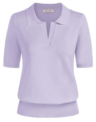 Kate Kasin Women Short Sleeve Polo Sweater Tops Lightweight Summer V Neck Soft Knit Pullover Shirt Light Purpley XXL - Image 1