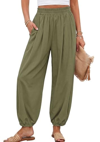 PRETTYGARDEN Womens 2026 Summer Casual Pants High Waisted Loose Wide Leg Palazzo Pockets Lounge Beach Travel Trousers Outfits (Army Green,XX-Large) - Image 1