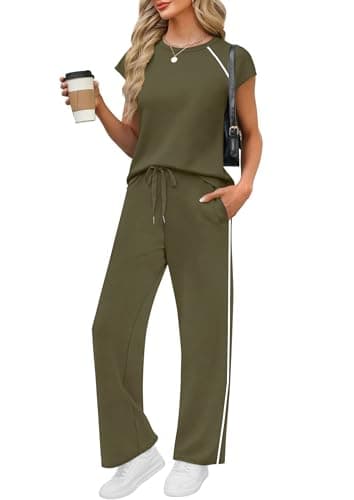 PRETTYGARDEN Two Piece Sets for Women 2026 Summer Vacation Outfits Cap Sleeve Tops Lounge Pants Matching Set Fashion Clothing (Army Green,X-Large) - Image 1
