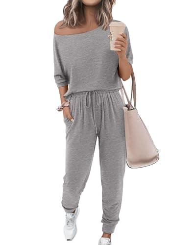Zenlonr Women Summer 2 Piece Outfits 2026 Off Shoulder Short Sleeve Tops Elastic Waist Drawstring Long Pants Tracksuit(Grey,X-Large) - Image 1